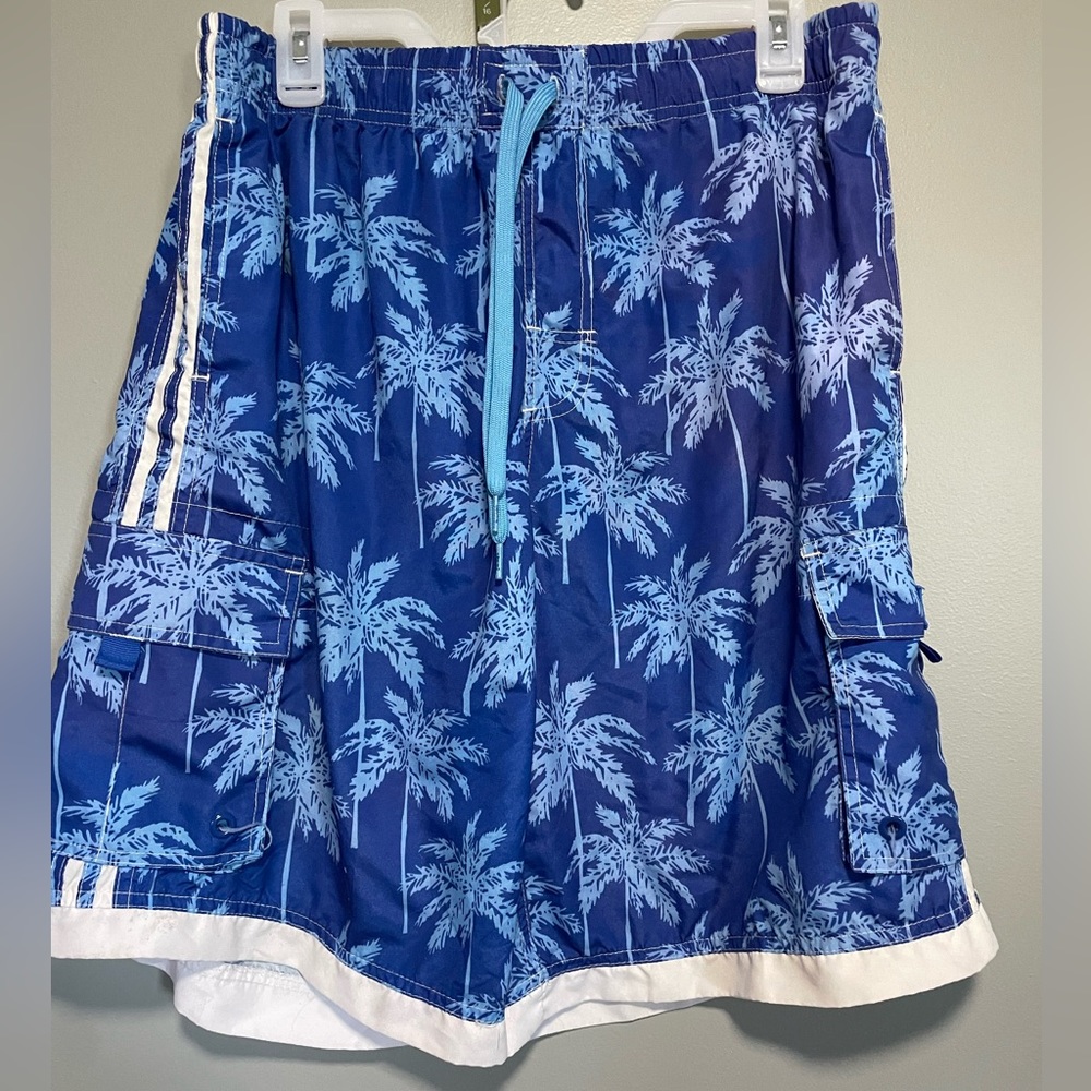 blue palm tree swim trunks